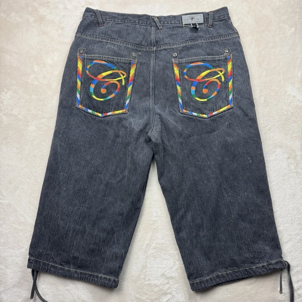 Y2K Russo Jorts Men 40(38) Black Baggy Shorts Rainbow Embroidered Drawstring Hem